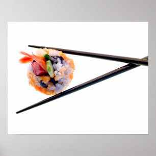 Póster Chopsticks do preto do rolo do camarão do sushi e