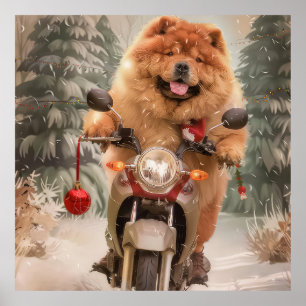 Poster Chow Chow Dog Andando na Moto Natal