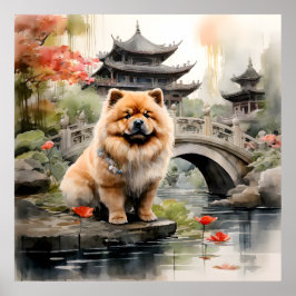 Poster Chow Chow Explorando um Jardim Chinês