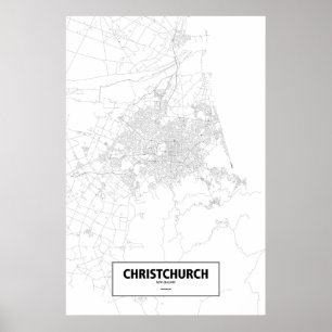 Póster Christchurch, Nova Zelândia (preto no branco)