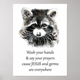 Poster Christian Washroom Lave suas mãos Raccoon Animal