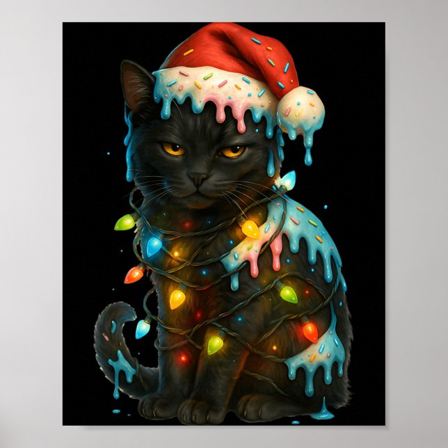 Poster Christmas Black Cat Ice Cream Drip Santa Hat Cute  (Frente)