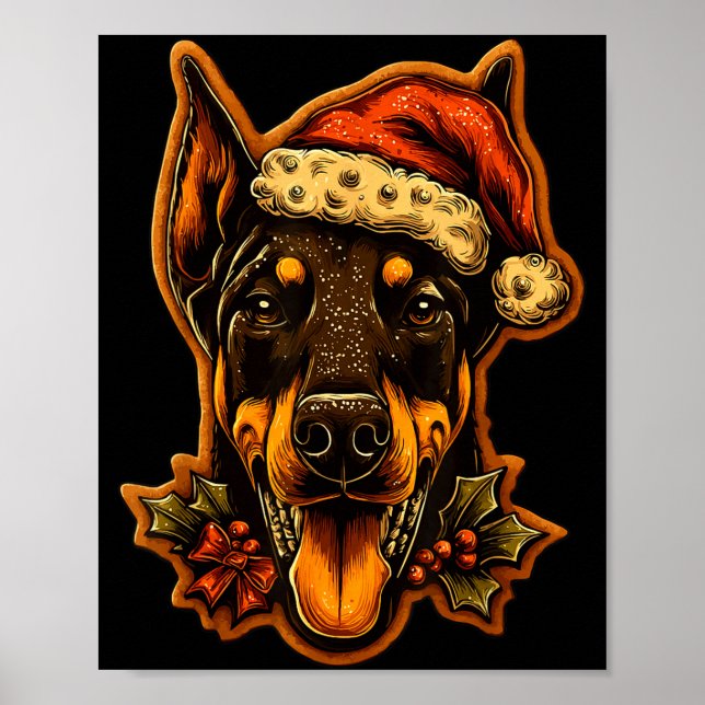 Poster Christmas Doberman Dog With Santa Hat Gingerbread  (Frente)