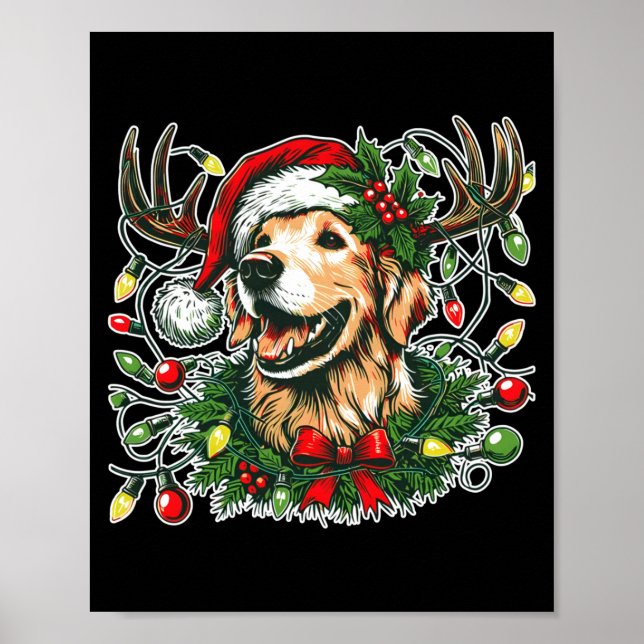 Poster Christmas Golden Retriever Antlers Santa Hat Long  (Frente)