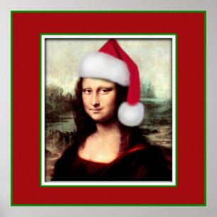 Póster Christmas Mona Lisa With Santa Hat