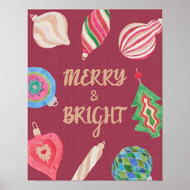 Poster Christmas Ornaments Merry & Bright Art Print (Frente)