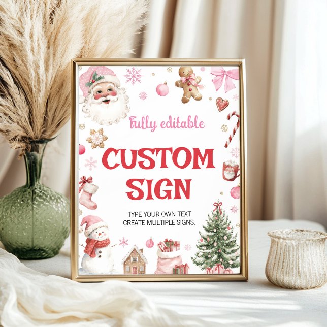 Poster Christmas Pink Santa Winter Birthday Custom Sign (Criador carregado)