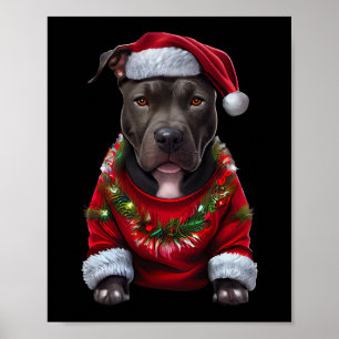 Poster Christmas Pitbull Dog Wearing Xmas Santas Hat & Sw
