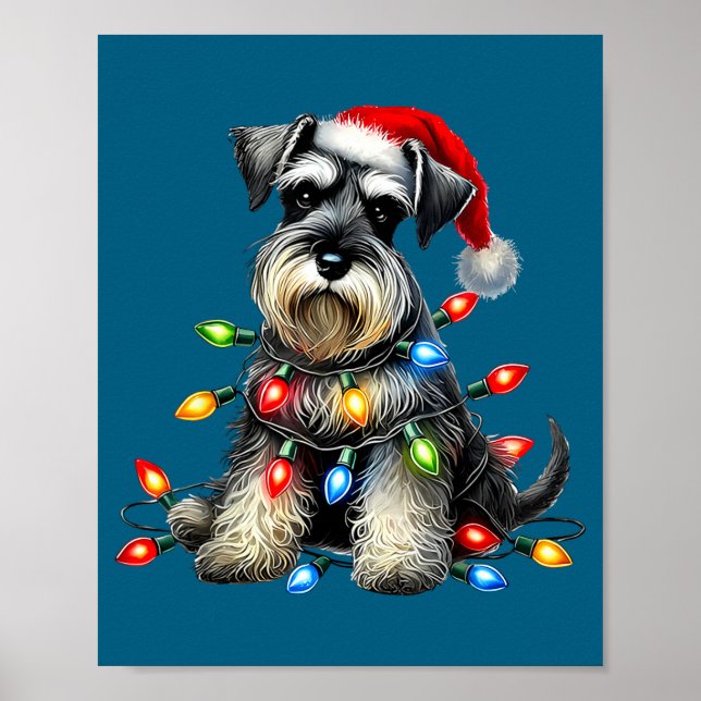 Poster Christmas Schnauzer Dog Santa Hat Xmas Light Holid (Frente)