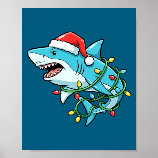Poster Christmas Shark Santa Hat Wrapped In Lights Funny  (Frente)