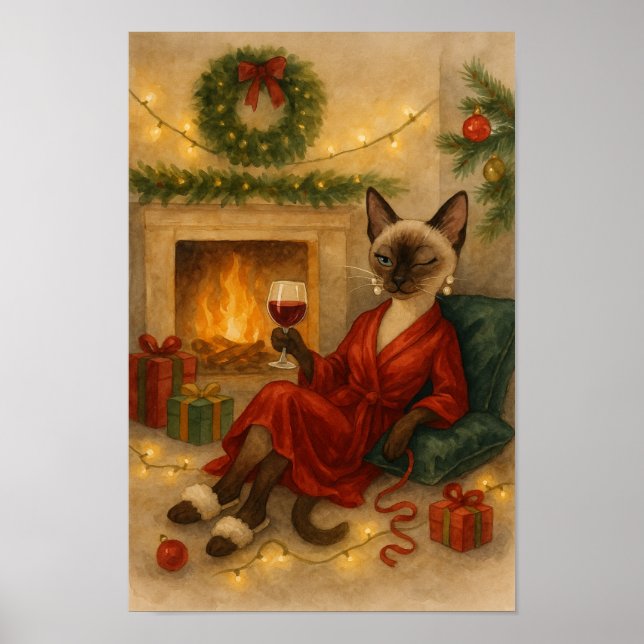 Poster Christmas Siamese Cat is celebrating at home (Frente)