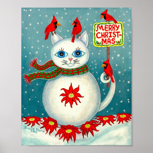 Poster Christmas Snowcat Cardinal Bird Snowman Poinsettia (Frente)