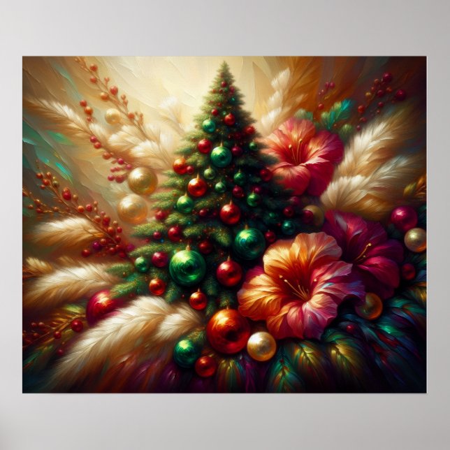 Poster Christmas Tree and Flowers on a Beautiful Wall (Frente)