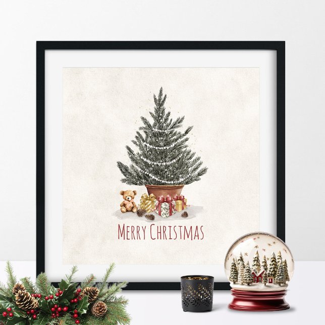 Poster Christmas Tree With Gifts and Teddy Bear Print (Christmas Tree Wall Art)