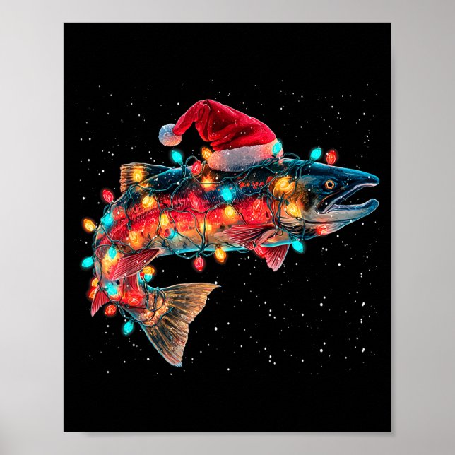 Poster Christmas Trout Fish Funny Fishing Santa Hat Light (Frente)