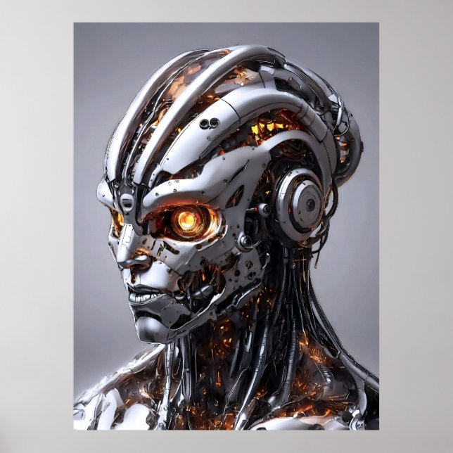 Poster Chrome Cyborg Orange Glow Sci-Fi AI Portrait (Frente)