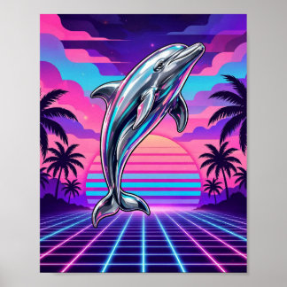 Poster Chrome Vaporwave Golfinho Pôr do Sol Retrô