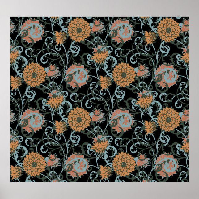 Poster Chrysanthemum Black Background, Floral Vintage. (Frente)