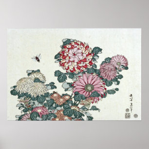 Poster Chrysanthemums & Bee, Arte Japonesa por Hokusai