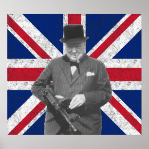 Póster Churchill que levanta com uma arma de Tommy