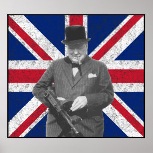 Póster Churchill que levanta com uma arma de Tommy