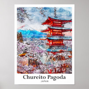 Poster Chureito Pagoda Japão Viagem Watercolor - Desenhad