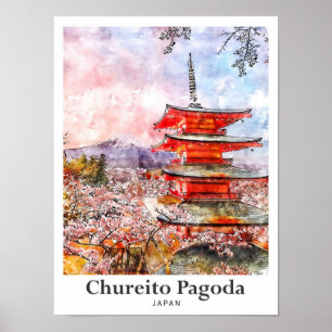 Poster Chureito Pagoda Japão Viagem Watercolor - Desenhad