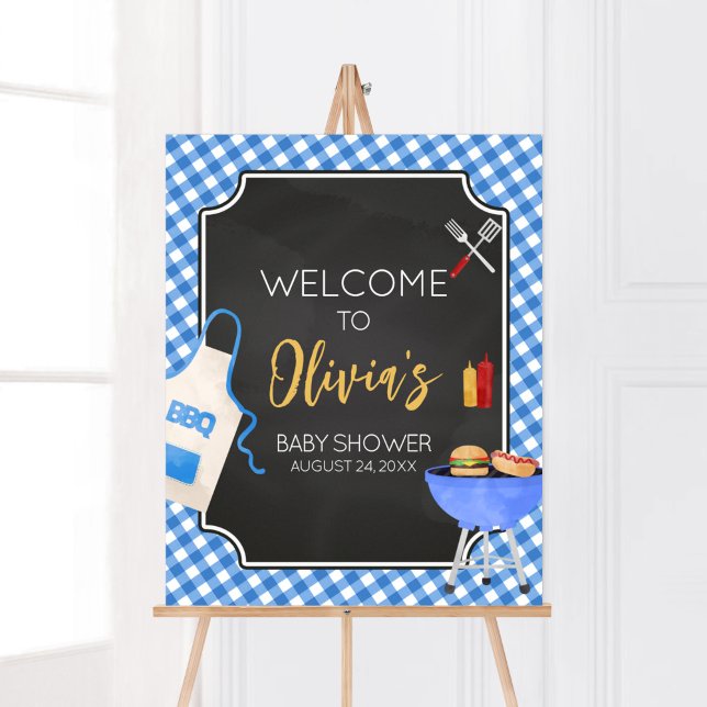 Poster Churrasco Gingham Azul - Boas-vindas (Boy Baby-Q Baby Shower Welcome Sign)