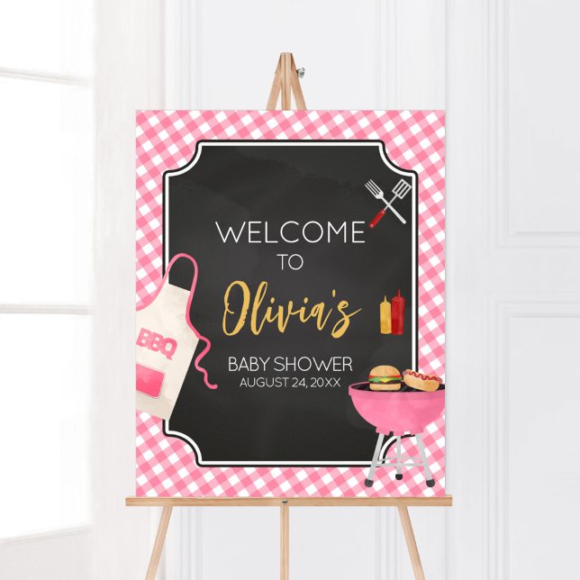 Poster Churrasco Gingham Rosa Bem-vindo (Girl Baby-Q Baby Shower Welcome Sign)