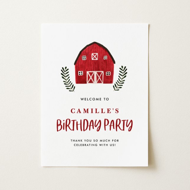 Poster Chuva Água Vermelha Celebração de Bebê Casa de Faz (Watercolor red barn birthday party sign featuring farmhouse charm for a country-themed party.)