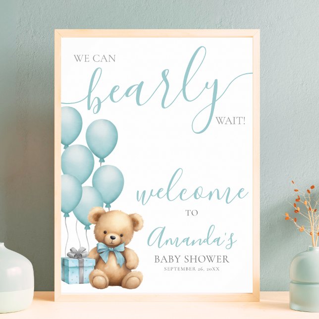 Poster Chuva de Balões Urso de Pelúcia Azul Recepção de B (Blue Teddy Bear Balloon Baby Shower Welcome Poster)