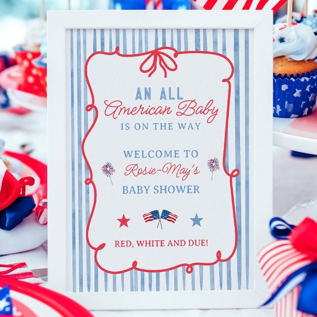 Poster Chuva de Bebê Americana Listras Vermelhas e Azuis  (All American Baby Shower Red Blue Stripes Welcome Poster)
