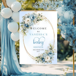 Poster Chuva de Bebê Azul Pastel Boho Floral Eucalipto