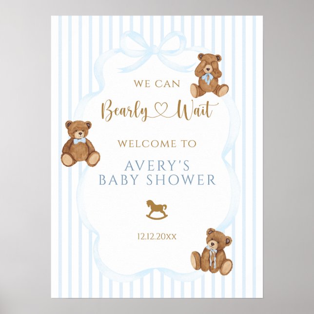 Poster Chuva de Bebê Azul Urso Elegante Listra (Frente)