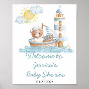 Poster Chuva de Bebê Barco Aguarela Urso Náutico Bem-Vind