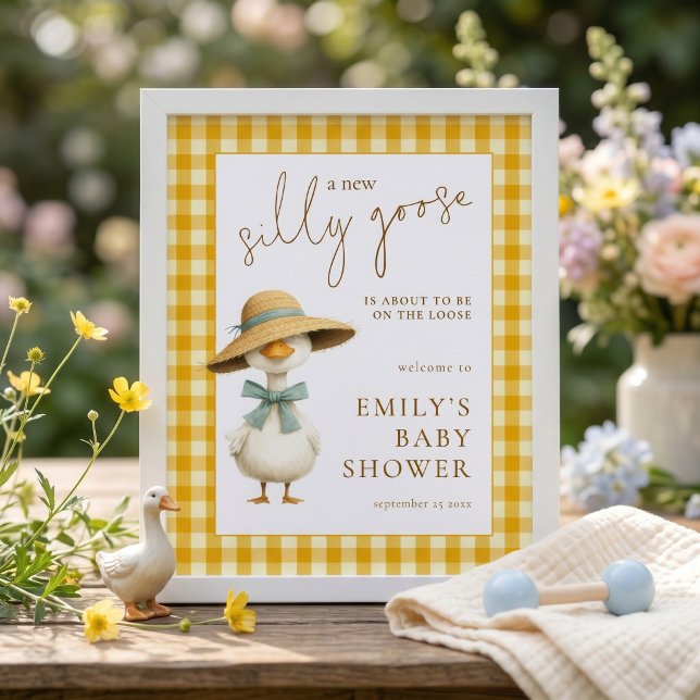 Poster Chuva de Bebê Bem-vindo Gingham Amarelo de Ganso I (Criador carregado)