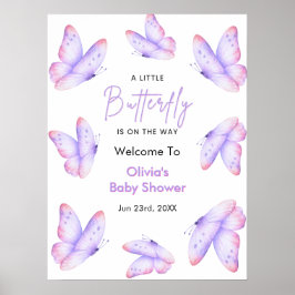 Poster Chuva de Bebê Borboleta Rosa Roxa Bem-vindo