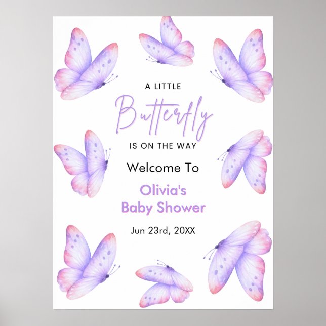 Poster Chuva de Bebê Borboleta Rosa Roxa Bem-vindo (Frente)