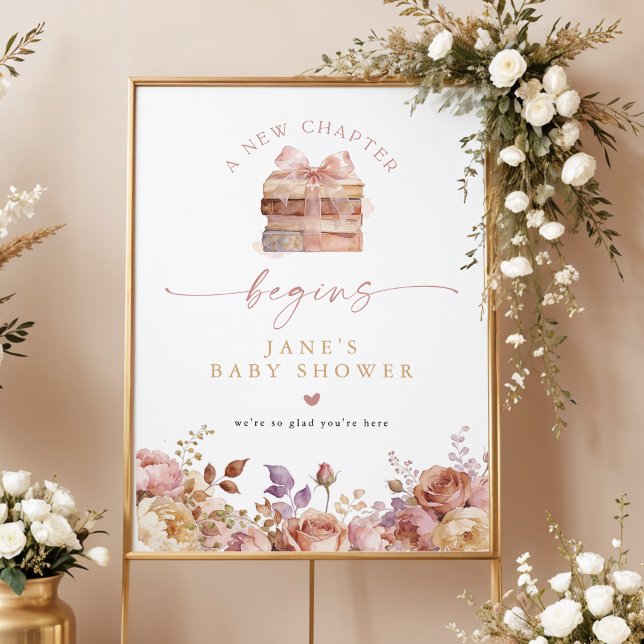 Poster Chuva de Bebê Capítulo Novo Livro de Histórias (Bookish A New Chapter Begins Blush Baby Shower Storybook Welcome Sign)