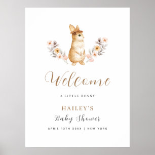 Poster Chuva de Bebê Coelho Neutro com Flor Silvestre de