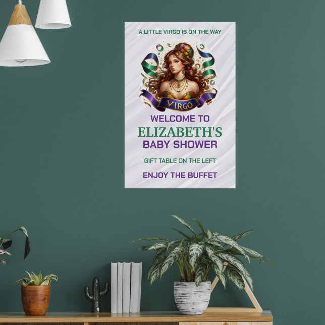 Poster Chuva de Bebê do Zodíaco de Virgem Lavanda e Verde (Sala de Estar 1)