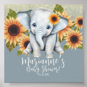 Poster Chuva de Bebê Elefante Girassol Brilho Azul Empoei