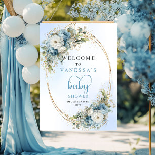 Poster Chuva de Bebê Floral em Azul Empoeirado Boêmio com