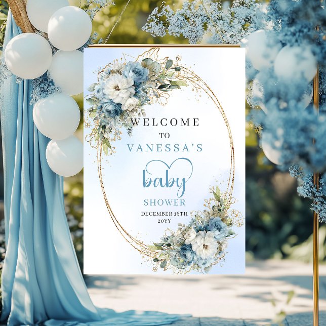 Poster Chuva de Bebê Floral em Azul Empoeirado Boêmio com (Bohemian Dusty Blue Floral Eucalyptus Baby Shower Welc!)