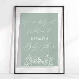 Poster Chuva de Bebê Floral Verde Atemporal Vintage
