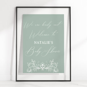 Poster Chuva de Bebê Floral Verde Atemporal Vintage