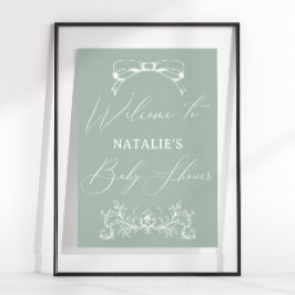 Poster Chuva de Bebê Floral Verde Atemporal Vintage
