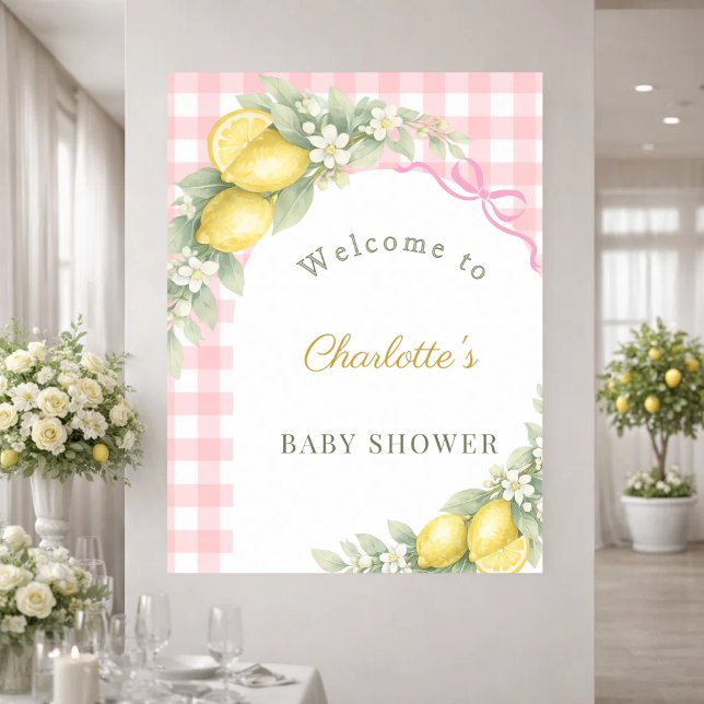 Poster Chuva de bebê limões gingado rosa laço menina bem- (Criador carregado)