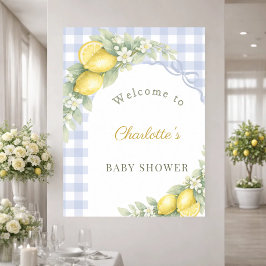 Poster Chuva de bebê limões xadrez azul laço menino bem-v