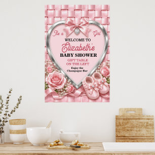 Poster Chuva de Bebê Menina com Laço Rosa Elegante